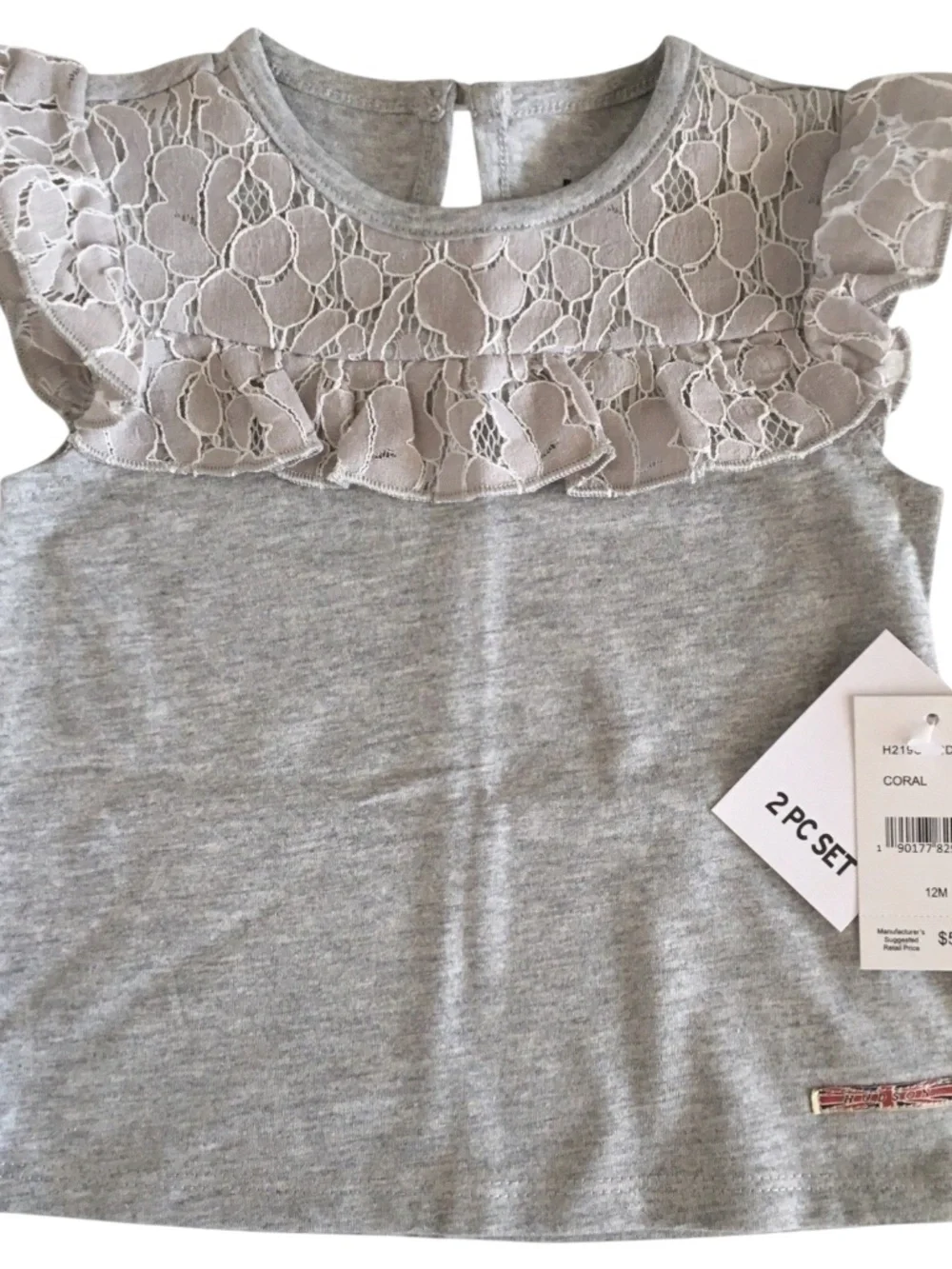 Hudson Baby Girls 2-Piece Lace Flutter Top & Shorts Set Gray/Pink Size 12M